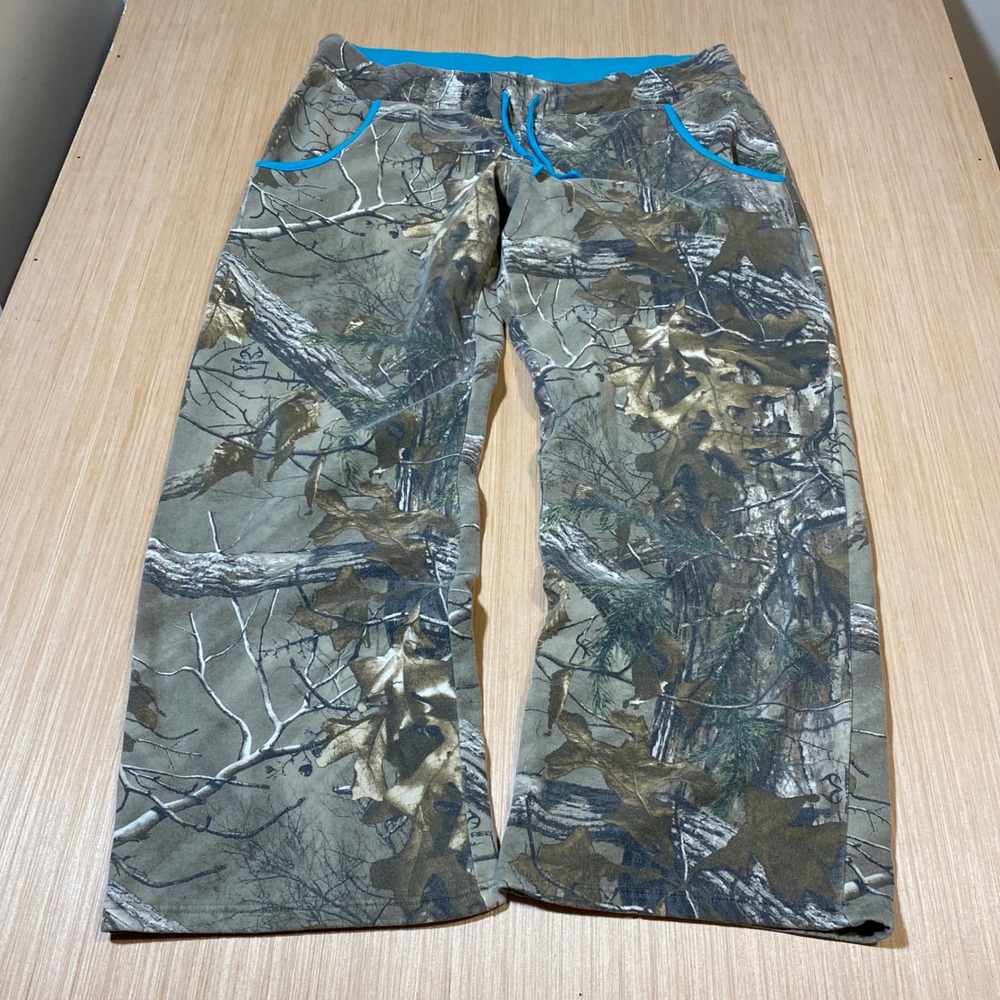 Realtree Camo Sweatpants Womens XXL Blue Trim Wide Leg Fleece Joggers RT Xtra
